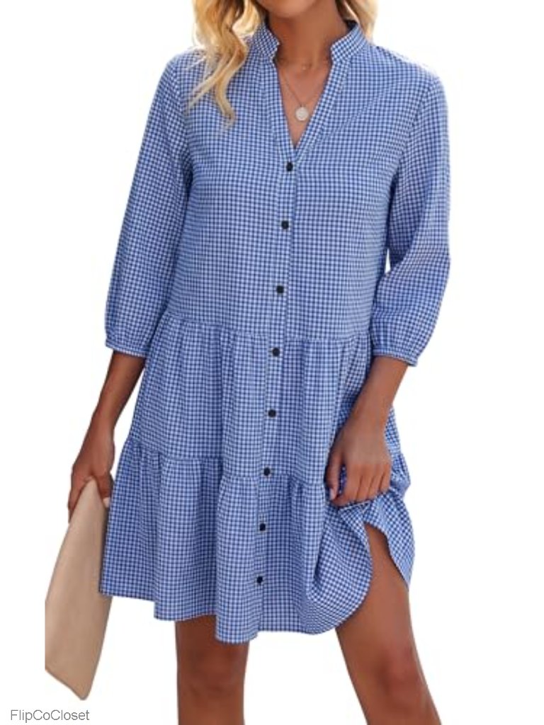 Casual V Neck Gingham Plaid 3/4 Sleeve Button Down Flowy Mini Beach Sun Dress